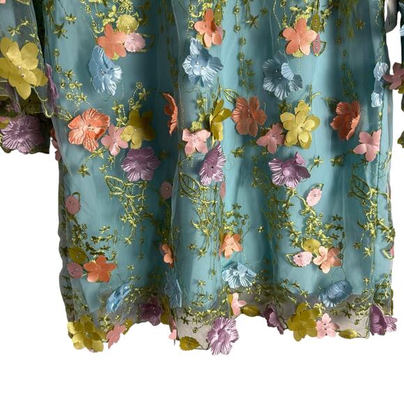 Mestiza Flora Blue 3D Floral Appliqué Flare Sleeve Cocktail Mini Dress Size M - Picture 9 of 16